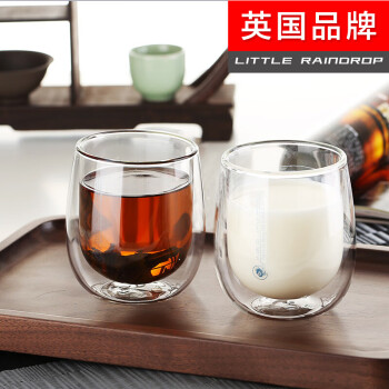 小雨点玻璃茶杯双层玻璃杯时尚水杯子咖啡杯办公杯牛奶花茶果茶杯 Q杯中号两只装(不包括托盘)·