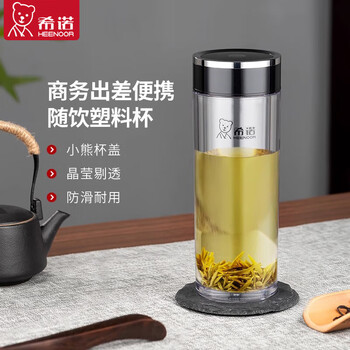 希诺（heenoor）树脂水杯塑料PC杯防烫学生防摔男女便携带盖太空口杯300ml殿堂银XN-8088