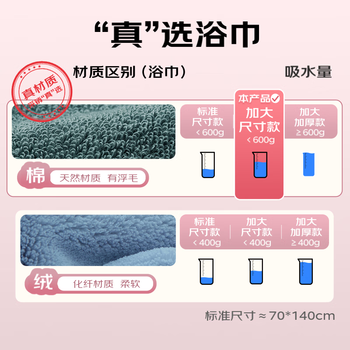 洁丽雅纯棉5A级抗菌防螨高档大浴巾男女加大加厚酒店速干2条装灰＋藕粉