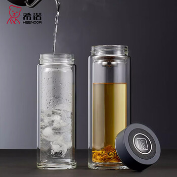希诺（heenoor）双层玻璃杯隔热防烫男女士经典商务泡茶杯便携耐高温水杯带盖315mL蓝灰XN-6782