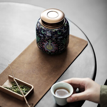 茶艺贵族瑾山珐琅彩茶叶罐(蓝)陶瓷密封罐双层锡盖珐琅彩大号单个茶存