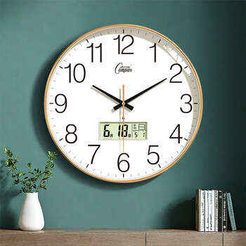 康巴丝（Compas）挂钟电波钟自动对时考场客厅时钟石英钟表挂墙D6537-1流沙金 30cm