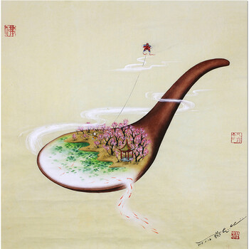 著名漫画家 蔡志忠《桃花千朵映红鲤 自在风筝行云里》