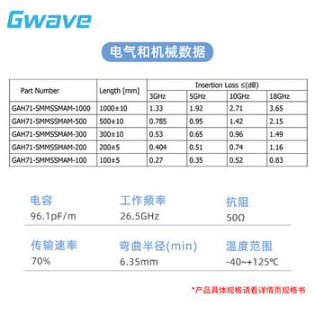 谷波 Gwave SMA公-SSMA公柔性电缆组件 ,配接进口405系列电缆,DC-26.5GHz,GAH71-SMMSSMAM-2000 谷波 Gwave SMA公-SSMA公柔性电缆组件 ,配接进口405系列电缆,DC-26.5GHz,GAH71-SMMSSMAM-2000