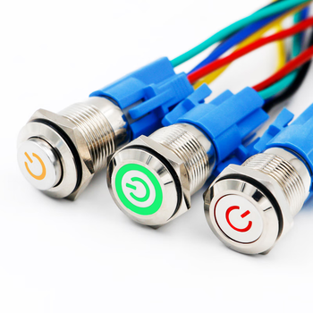 汇鑫茂 16mm带环形灯电源符号自锁自复位金属按钮不锈钢开关 平面环形灯 蓝光;220V;自锁+带插座【4个】