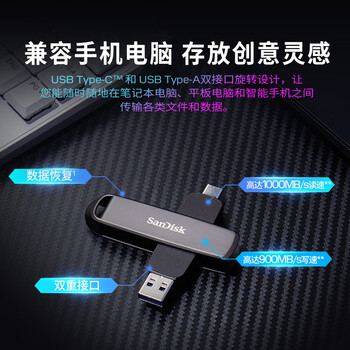 闪迪（SanDisk）256GB USB3.2 Type-C 双接口 DDE1高速固态U盘 读1000MB/s 写900MB/s 兼容手机电脑大容量金属优盘