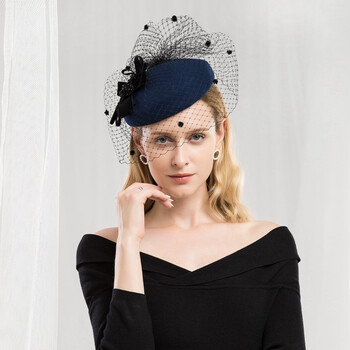 优雅帽子女春秋英伦网纱宴会小礼帽 时尚女士黑色羊毛呢礼帽冬 蓝色