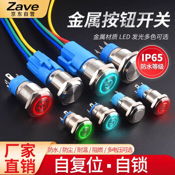 ZAVE 金属按钮开关 19MM 平头 环形红灯 12-24V 不带线 自锁