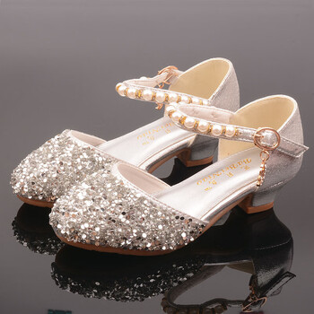 韩版女儿童鞋亮片珍珠水晶高跟鞋台走秀粉白色配拖尾礼服公主裙 银色