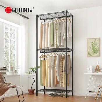 川井落地挂衣架卧室金属衣柜钢架双层家用衣帽间组合架钢制货架式衣柜