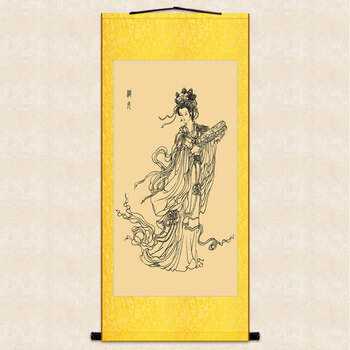 上焱下木七仙女思凡图画像卷轴画织女吹箫引凤图神像画挂图绢布画装饰画织女图金黄色装裱a宽35高90cm 图片价格品牌报价 京东