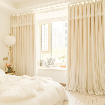 法式奶油色窗帘 卧室ins风少女双层公主风遮光2022新款客厅 米色 蕾丝