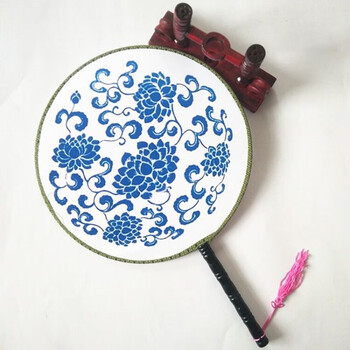 风古典复古古风扇子圆形团扇长柄流苏汉服宫扇跳舞绣花b 新青花瓷单面