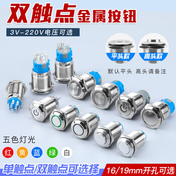 瀚时恒业 双触点金属按钮开关 防水点动自复位自锁控2路通断 电源符号+绿光19mm一开一闭自复松手弹回12V（5个）