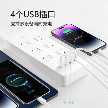 公牛（BULL）30W PD苹果快充插座/插线板/插排/接线板 Type-c+USB+6插孔总控开关全长1.8米白色 GNV-U1306