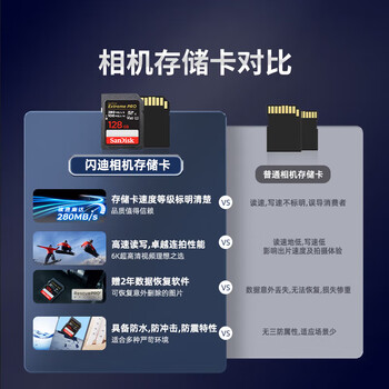 闪迪（SanDisk）128GB SD内存卡 6K视频 V60 U3 C10 高速相机存储卡 读速280MB/s 写速100MB/s 高清拍摄 畅快连拍