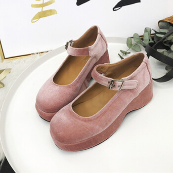 梅露露lolita鞋复古粗跟一字扣带绒面洛丽塔方头浅口厚底松糕鞋 粉红