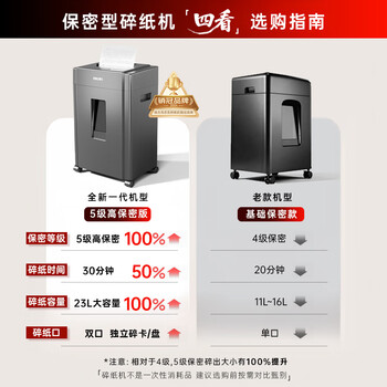 得力碎纸机5级保密单次8张连碎30分钟大型强力办公室专用粉碎机23L容量 可碎盘 33043