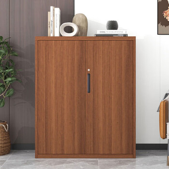 洛克菲勒钢制办公柜带锁矮柜木纹文件柜全转印深樱桃木1090铁开门