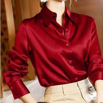 重磅外单真丝衬衫女缎面衬衣早春秋新款职业装气质桑蚕丝上衣 枣红色