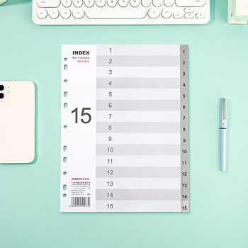 金得利11孔分页纸A4隔页纸15页1套灰色index索引纸文件夹活页纸塑料pp分类卡目录页标签分办公用品T1615