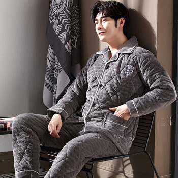 京东品质保障 夹棉睡衣男秋冬款法兰绒三层加厚珊瑚绒青中年男士家居