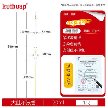 kuihuap葵花A级单标线移液管 胖肚吸管 可过检玻璃大肚吸管滴管A级过检实验室玻璃量器 葵花A级大肚移液管  20ml