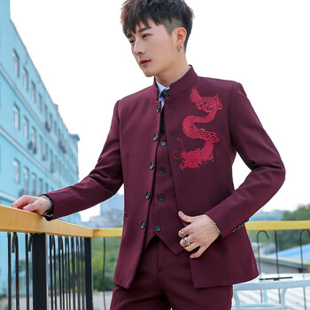 中国风西装男士休闲帅气正装韩版立领外套潮青年结婚礼服三件套装青年