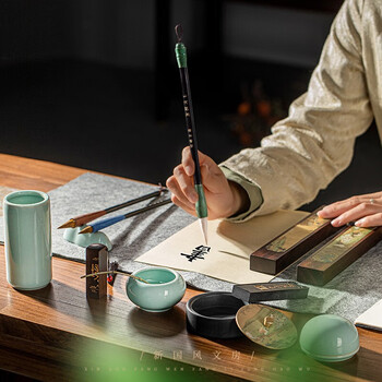 梅林笔庄文房四宝套装成人书法专用砚台毛笔字专业级笔墨纸砚全套礼盒书法摆件精品高档工具套装兰亭修禊图