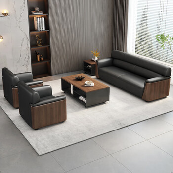 森菲亚办公沙发简约现代商务办公室三人位沙发茶几组合 321+长茶几西皮