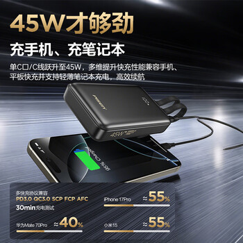 品胜【3C认证可上飞机】充电宝45W快充自带双线20000毫安大容量支架移动电源适用苹果17promax华为白