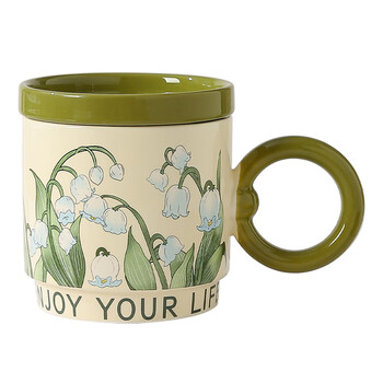 传旗陶瓷马克杯带盖咖啡杯牛奶杯早餐杯子办公杯男女茶杯 风铃花400ml