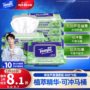 得宝（TEMPO）一博同款 芦荟湿厕纸 40片*6包 植萃精华 可冲散 湿纸巾 湿巾 