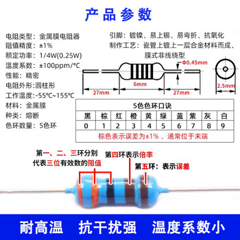 科睿才 1/4W金属膜电阻 精度1% 五色环电阻器元件 10M-100个 T2000209