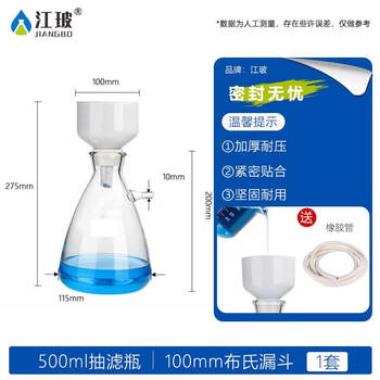 江玻 布氏漏斗过滤装置上嘴抽滤装置陶瓷化学实验室专用抽滤教学器皿 500ml抽滤瓶+100mm布氏漏斗