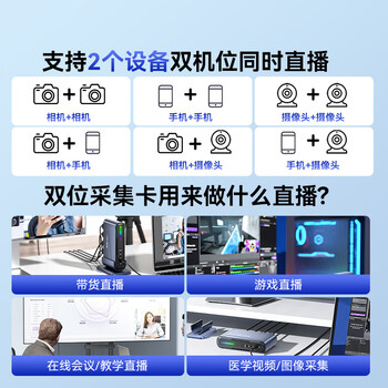 阿卡西斯双路HDMI采集卡4K60Hz立式拾音采集卡适配摄像机单反相机教学会议双机位直播录制盒VC-018Max