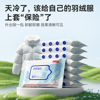 京东京造擦羽绒服清洁湿巾10片*8包 去污免水洗无酒精湿纸巾干洗去渍神器
