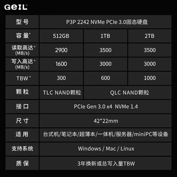 GEIL金邦 2TB SSD固态硬盘M.2接口PCIe 3.0（NVMe协议）2242短板 掌机游戏 高速3500MB/S P3P系列