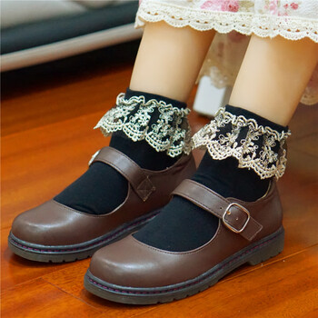 蕾丝花边洛丽塔袜子jk制服少女梅露露小皮鞋 黑色--单层金丝花边款