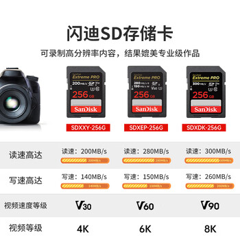 闪迪(SanDisk)256GB SD内存卡 4K V30 U3 C10 相机存储卡 读速200MB/s 写速140MB/s 微单/单反相机内存卡 闪迪(SanDisk)256GB SD内存卡 4K V30 U3 C10 相机存储卡 读速200MB/s 写速140MB/s 微单/单反相机内存卡