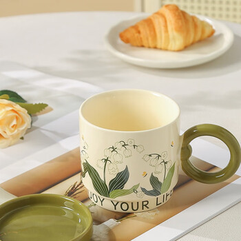 传旗陶瓷马克杯带盖咖啡杯牛奶杯早餐杯子办公杯男女茶杯 风铃花400ml