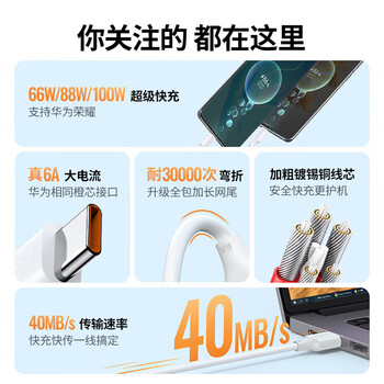 绿联US303  Type-C数据线100W超级快充6A充电线 通用安卓数据线（华为荣耀小米）白色2米 40208