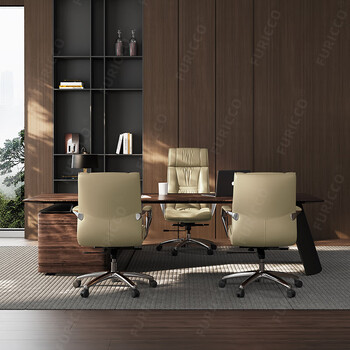 富凯真头层牛皮办公椅职员椅会议椅老板椅人体工学电脑椅 B2213米白色