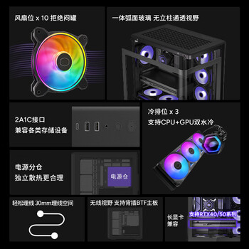 酷冷至尊（CoolerMaster）elite 神殿600 黑色 ATX海景房机箱  一体曲面玻璃 无立柱/支持360水冷/Type-c 