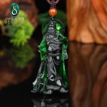 翡翠関羽軍神財神像、7X3，天然ジェイダイト・黒い玉手箱