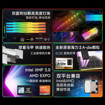 金百达（KINGBANK）64GB(32GBX2)套装 DDR5 6400 台式机内存条海力士A-die颗粒 白刃RGB灯条 C32 Deepseek硬件