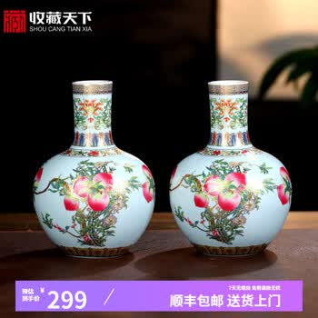 中国古玩 景徳鎮製 孔雀漢詩文大花瓶 高約36cm 時代物 粉彩 c100902