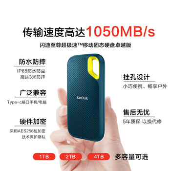 闪迪（SanDisk）4TB Nvme移动固态硬盘（PSSD）E61松柏青SSD 读速1050MB/s 手机直连笔记本外接硬盘