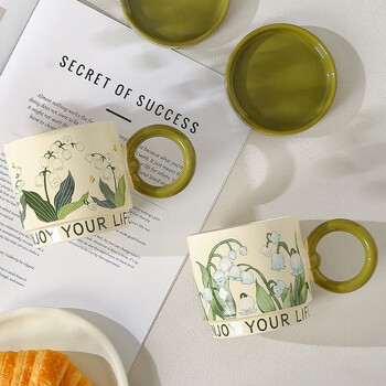 传旗陶瓷马克杯带盖咖啡杯牛奶杯早餐杯子办公杯男女茶杯 风铃花400ml