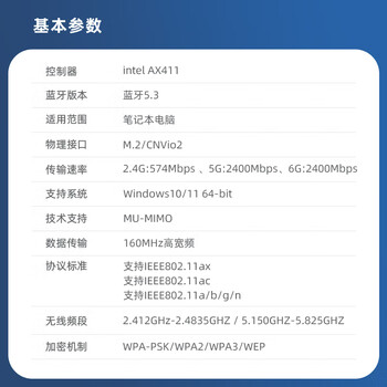 EB-LINK Intel AX411芯片笔记本无线网卡5374M M.2 CNVIo2接口WiFi6E千兆三频网卡蓝牙5.3电脑内置模块